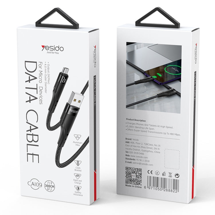 YESIDO CA109 3m 2A USB to Micro USB Charging Data Cable(Black)  - سلك شحن مايكرو  - طول 3 متر - كفالة 12 شهر