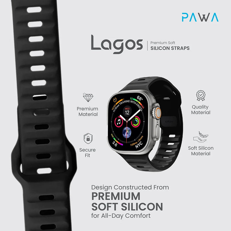 PAWA - Lagos Premium Soft Silicon Straps - Ultra Black - 49/45/44/42mm - سير ساعه أبل واتش