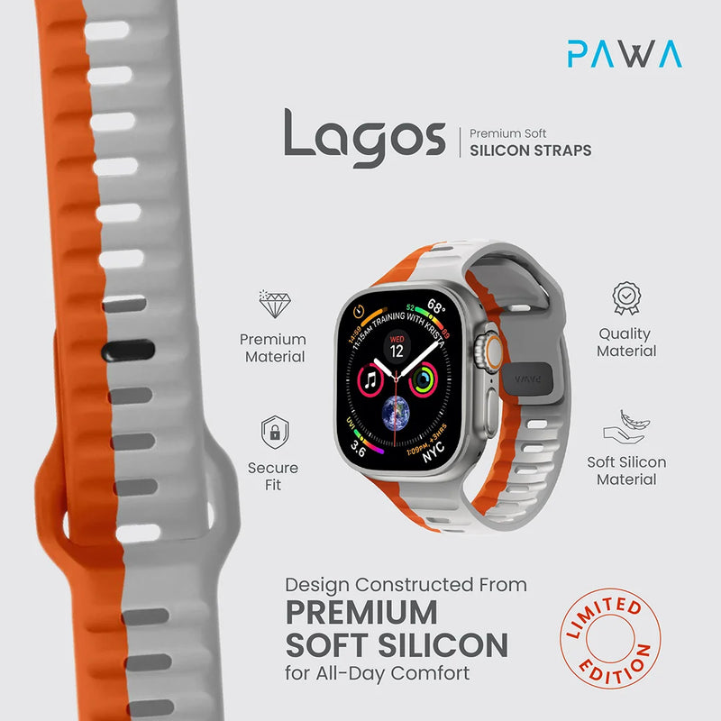 PAWA - Lagos Premium Soft Silicon Straps - Grey & Orange - 49/45/44/42mm  - سير ساعه أبل واتش