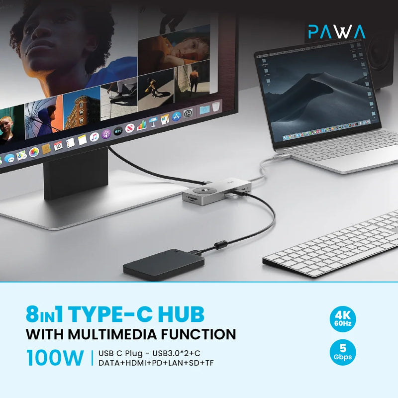 Pawa 8 in 1 Type-C Hub With Multimedia Function PD100W [O] - وصلة تايب سي - 8 في 1 - لاجهزة الايباد برو والماك بوك - متعددة الاستخدام - كفالة 12 شهر