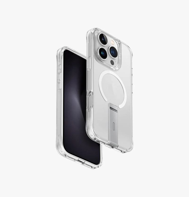 Uniq Eleva Case with Built-in Aluminum Kickstand for iPhone 16 Pro / 16 Pro Max – Clear - كفر حماية عالية - ماغ سيف - ستاند - يونيك