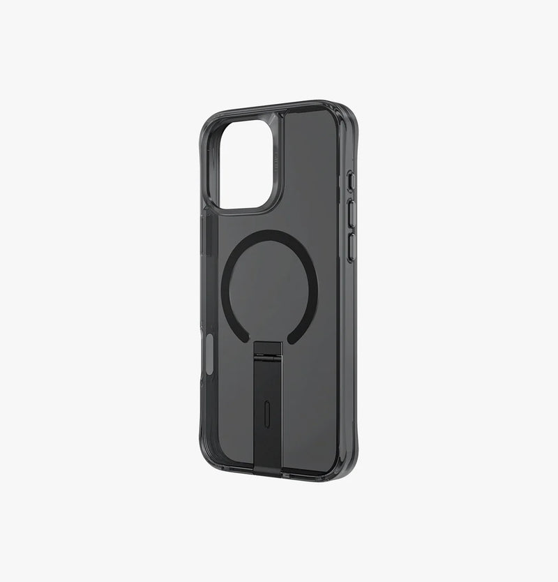 Uniq Eleva Case with Built-in Aluminum Kickstand for iPhone 16 Pro / 16 Pro Max – Black Smoke - كفر حماية عالية - ماغ سيف - ستاند - يونيك