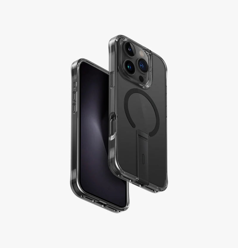 Uniq Eleva Case with Built-in Aluminum Kickstand for iPhone 16 Pro / 16 Pro Max – Black Smoke - كفر حماية عالية - ماغ سيف - ستاند - يونيك