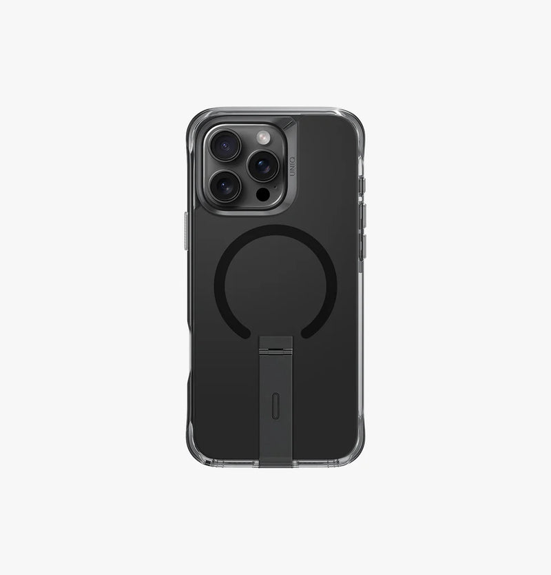 Uniq Eleva Case with Built-in Aluminum Kickstand for iPhone 16 Pro / 16 Pro Max – Black Smoke - كفر حماية عالية - ماغ سيف - ستاند - يونيك