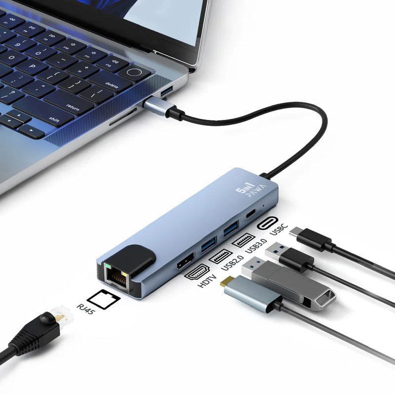 Pawa 5IN1 USB-C HUB WITH 4K HDMI - وصلة تايب سي - 5 في 1 - لاجهزة الايباد برو والماك بوك - متعددة الاستخدام - كفالة 12 شهر