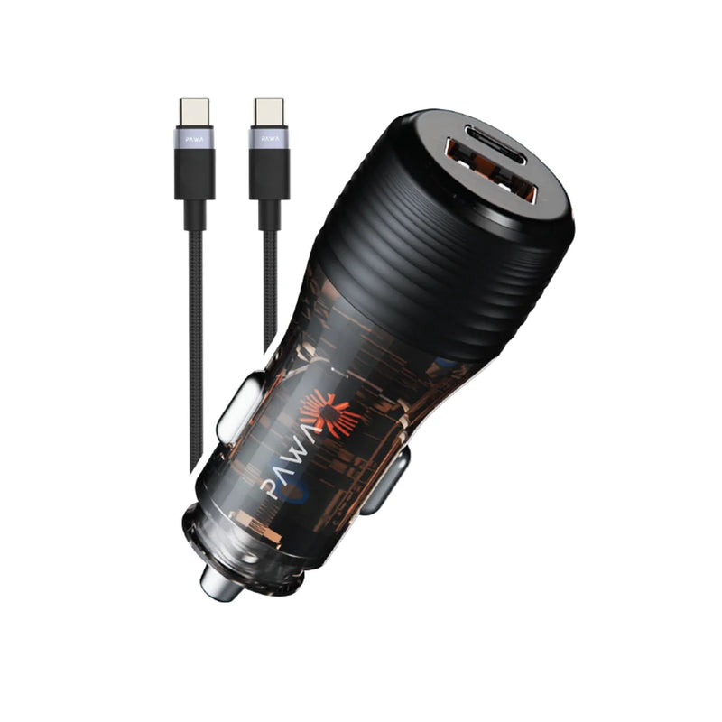 PAWA Car Charger Dual Port PD+QC Includes Braided USB-C to USB-C Cable 60W - شاحن سيارة + سلك شحن تايب سي - باوا  - منفذ يو اس بي + تايب سي  - كفالة 12 شهر