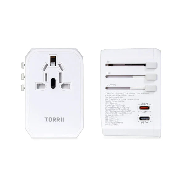 TorriiBolt USB-PD & QC 3.0 Universal Travel Adapter III - White - شاحن حائط دولي - توري - 4 فتحات للشحن الذكي والسريع - 2 تايب سي + 2 يو اس بي - قوة 45 واط - كفالة 24 شهر