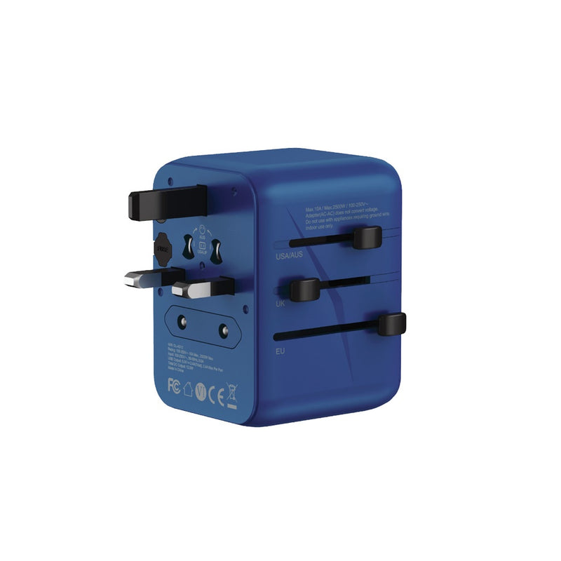 Green Lion 12W Universal Travel Adapter blue - بلاك حائط دولي للسفر - 3 مخارج - كفالة 18 شهر