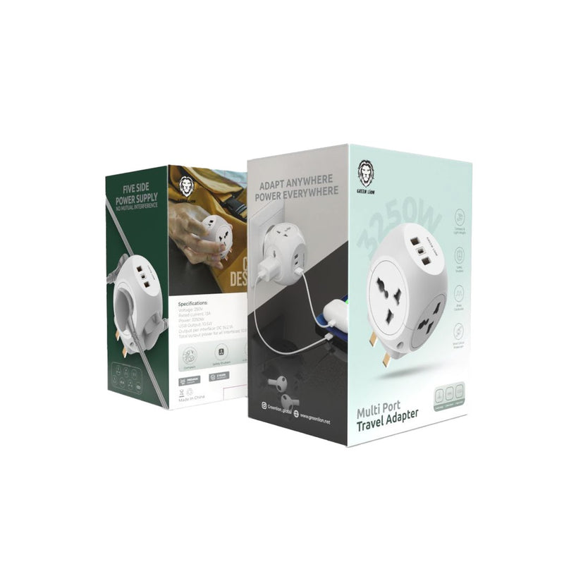 Green Lion Multi Port Travel Adapter - White  شاحن حائط  - 3 منافذ للشحن + منفذ كهرباء - قوة 20 واط - كفالة 24 شهر
