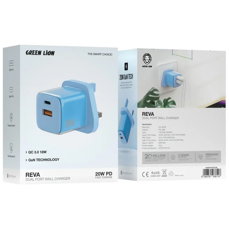Green Lion Reva Dual Port Wall Charger 20W - Blue - بلاك شاحن حائط قوه 20 واط - منفذ تايب سي + يو اس بي - جرين ليون - كفالة 12 شهر