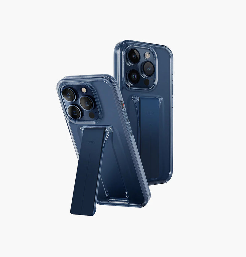 Uniq Hybrid Heldro Mount + Protective Case with Integrated MountGrip Band and Stand for iPhone 15/15 Plus/15 Pro/15 Pro MAX - Deep Blue - كفر حماية عالية مع مغناطيس للسيارة ومسكة ستاند بالطول والعرض - يونيك