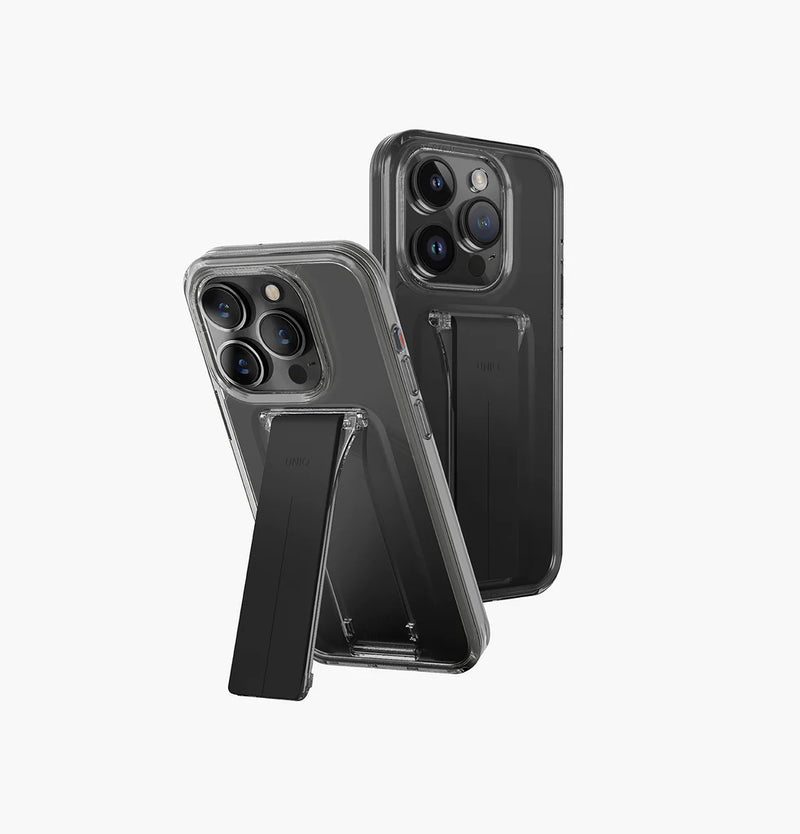 Uniq Hybrid Heldro Mount + Protective Case with Integrated MountGrip Band and Stand for iPhone 15/15 Plus/15 Pro/15 Pro MAX - Vapour Smoke - كفر حماية عالية مع مغناطيس للسيارة ومسكة ستاند بالطول والعرض - يونيك