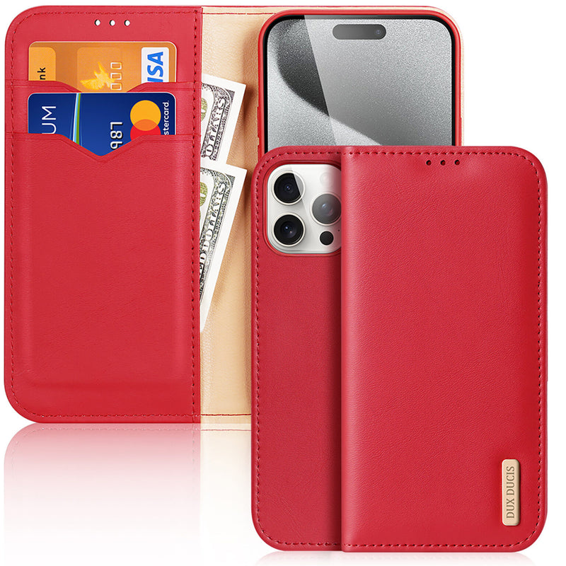 DUX DUCIS Hivo Series Leather Wallet Case - Red - كفر جلد مع محفظة - حماية عالية - ماغ سيف