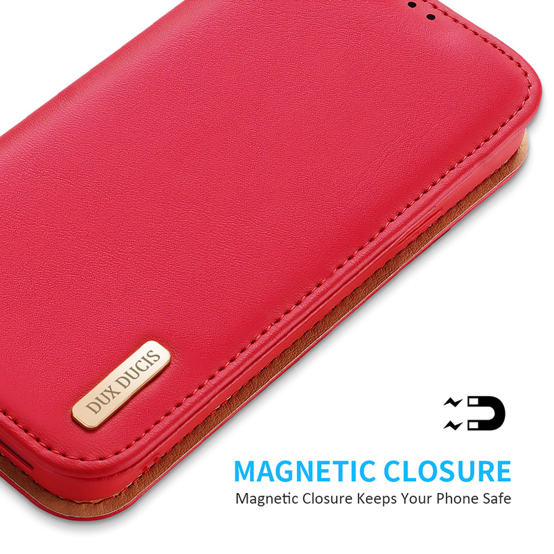 DUX DUCIS Hivo Series Leather Wallet Case - Red - كفر جلد مع محفظة - حماية عالية - ماغ سيف