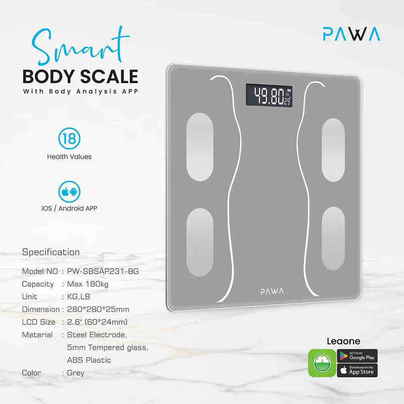 Pawa Smart Body Scale with Body Analysis APP - Grey - ميزان ذكي - كفالة 12 شهر