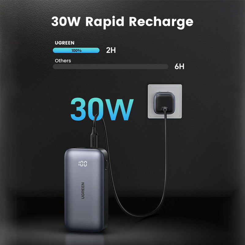 UGREEN 10000mAh PD-30WTwo-way Fast Charging Power Bank  [B] - بطارية متنقلة - يوجرين - سعة 10000 آلاف ملي امبير - شاشة رقمية - قوة 30 واط - كفالة 12 شهر