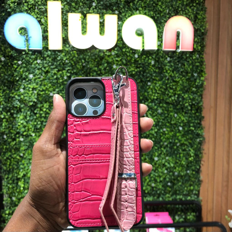 Dana Fuchsia with Light Pink Leather Case with Card Slot and Strap - كفر مع مسكة شريطة ومكان للبطاقات وخيط علاقة
