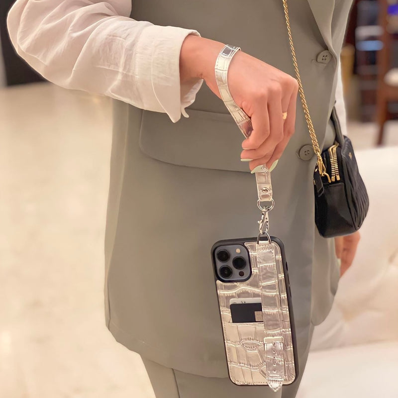 Dana Silver Leather Case with Card Slot and Strap - كفر مع مسكة شريطة ومكان للبطاقات وخيط علاقة