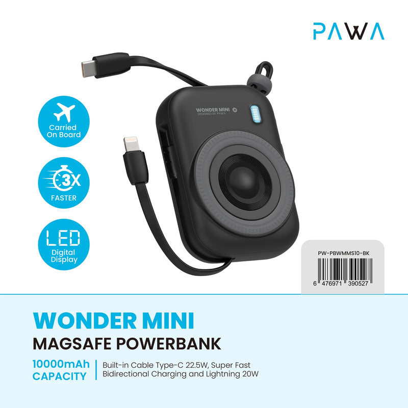 Wonder Mini Magsafe Powerbank | Black [O] - بطارية متنقلة - باوا - سعة 10000 - سلك شاحن ايفون + تايب سي - مع ماغ سيف - كفالة 24 شهر