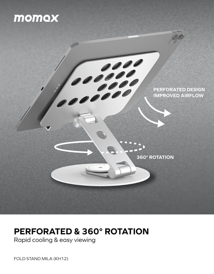Momax Fold Stand Mila Rotatable Tablet Stand - Silver - ستاند مكتبي - موماكس - امكانية تغيير الارتفاعات والاتجاهات