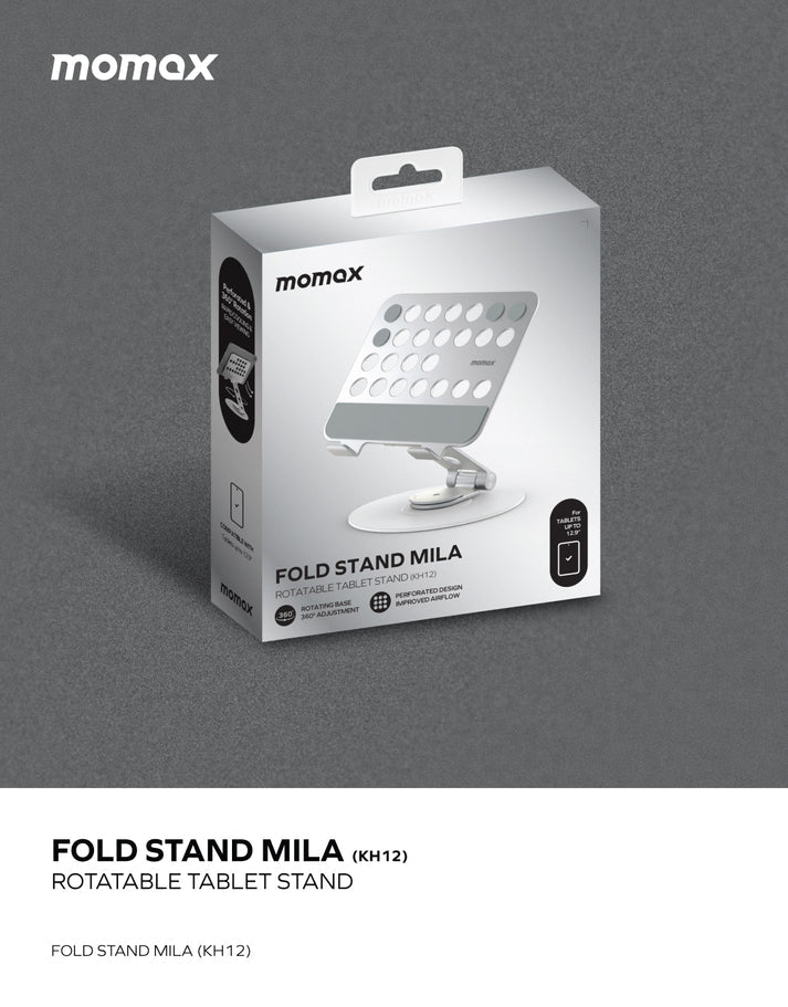 Momax Fold Stand Mila Rotatable Tablet Stand - Silver - ستاند مكتبي - موماكس - امكانية تغيير الارتفاعات والاتجاهات