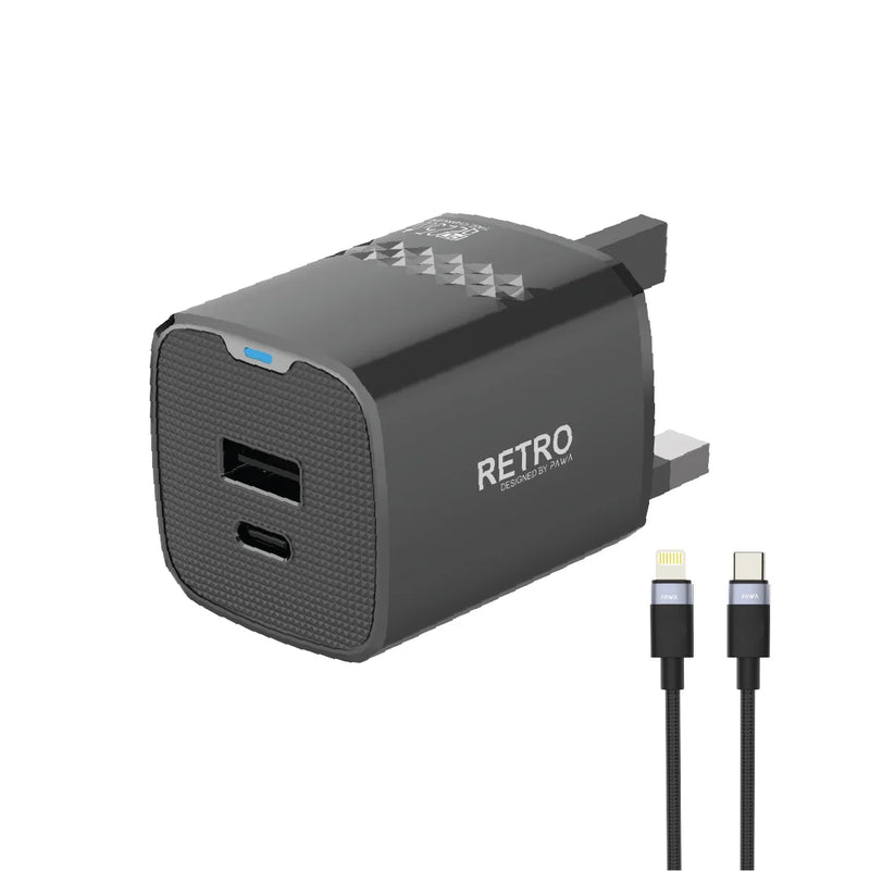 Retro 25W PD+QC UK Charger With USB-C to Lightning Cable  - بلاك شاحن حائط + سلك شحن ايفون - 25 واط - باوا - كفالة 12 شهر