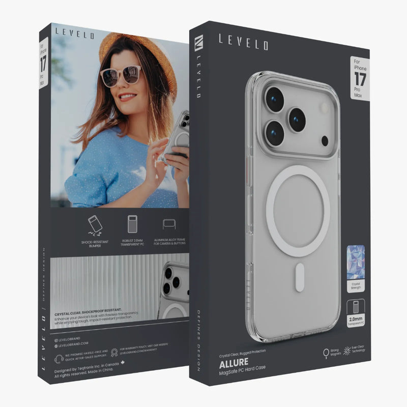 Levelo Allure PC Hard Case - for iPhone 17 - Transparent [O] - كفر حماية عالية - ماغ سيف - ايفون 17 برو / 17 بروماكس - ليفيلو - مقاوم للصدمات - شفاف