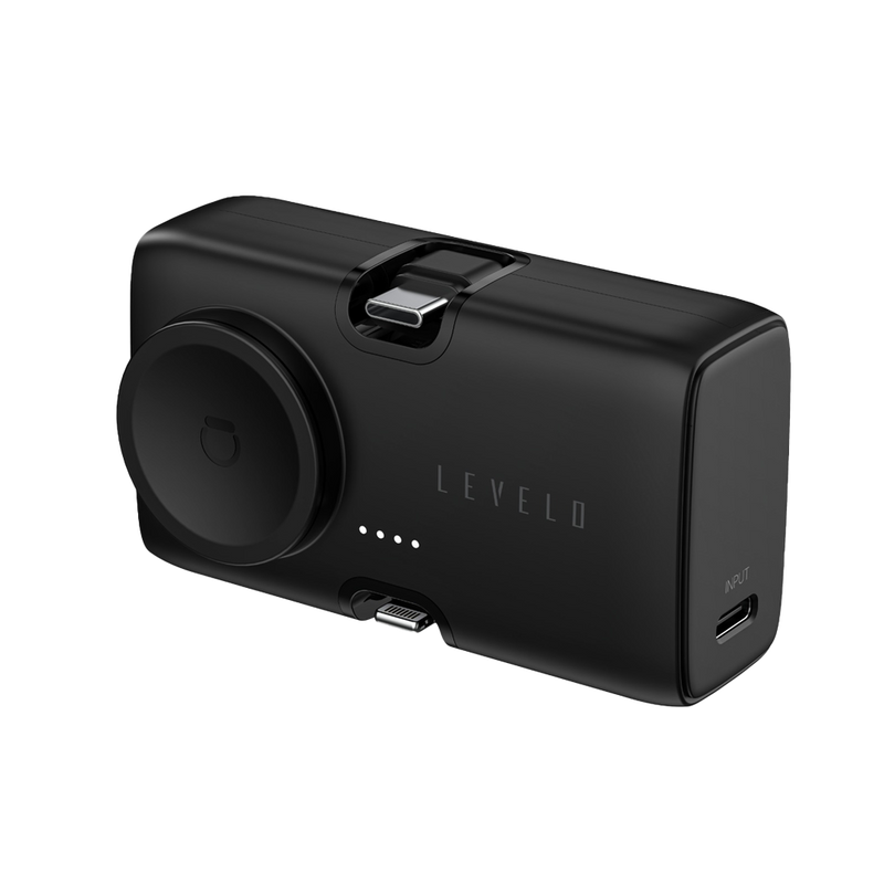 Levelo Nova Mini Portable Powerbank 5000mAh - Black - بطارية متنقلة + ستاند - مع شاحن ايفون + تايب سي + شاحن ساعه ابل - سعة 5000 مللي امبير - كفالة 12 شهر