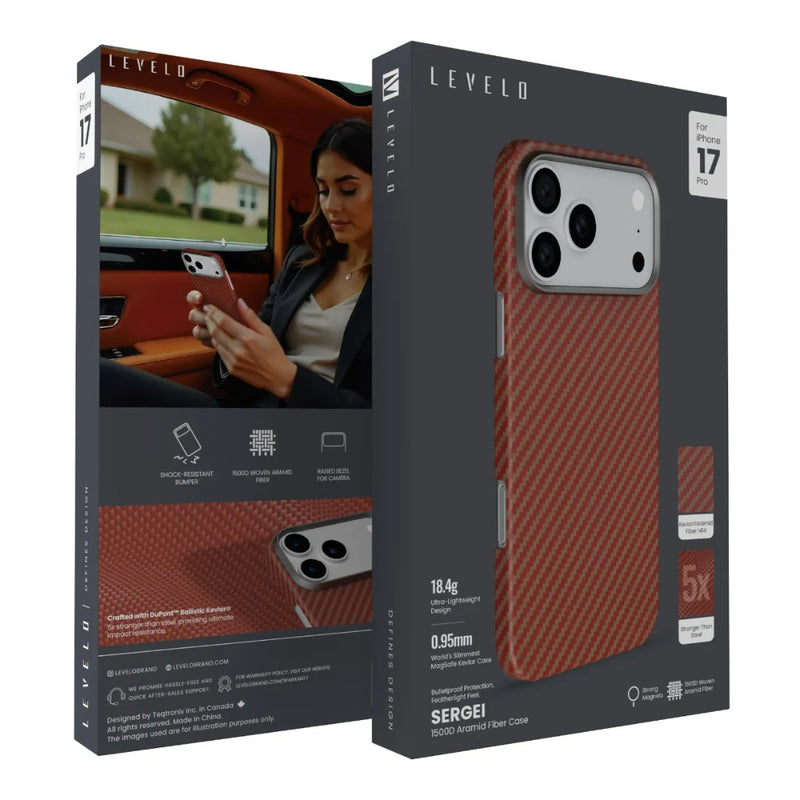 Levelo Sergei 1500D Aramid Fiber Case For iPhone 17 Pro/ProMax - Sunset [O] -  كفر حماية عالية - ليفيلو - فايبر - مقاوم للصدمات - ايفون 17 برو / 17 بروماكس - ماغ سيف