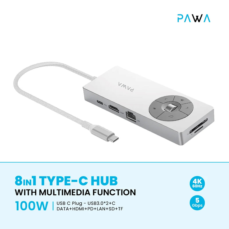 Pawa 8 in 1 Type-C Hub With Multimedia Function PD100W [O] - وصلة تايب سي - 8 في 1 - لاجهزة الايباد برو والماك بوك - متعددة الاستخدام - كفالة 12 شهر