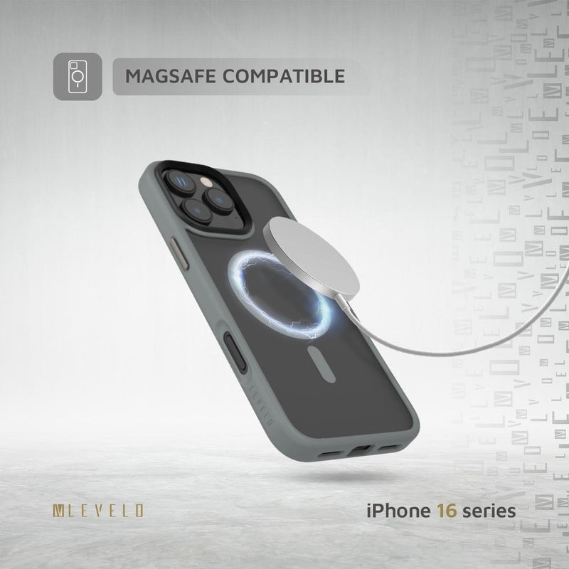 Levelo Matte Solo Case for iPhone 16 Pro / Pro Max - Gray - كفر حماية عالية - ليفيلو - ماغ سيف