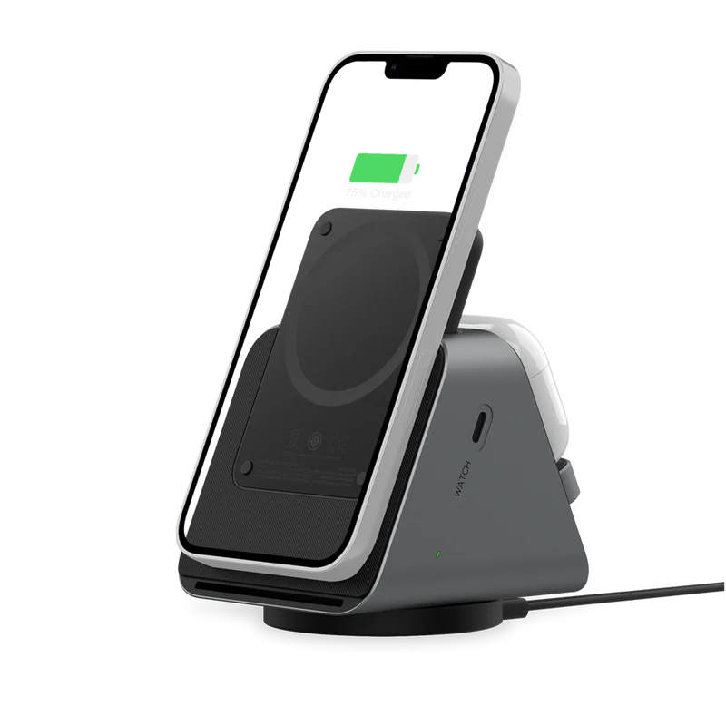 Levelo TERRA Rotating 3 in 1 Wireless Charging Stand with Portable 5000mAh Power Bank - Black [O] - ستاند - 4 في 1يدعم الشحن السريع - ليفيلو  - يدعم شحن الايربودز + ساعة أبل + الهاتف + باور بانك بقوة 5000ميللي امبير