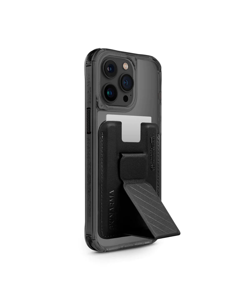 SkinArma Bundle Kado Mag-Charge Card Holder + Saido MagSafe Case for iPhone 15/15 Plus/15 Pro/15 Pro MAX  - Black - سكين أرما كفر - ماغ سيف + ماسكة ستاند جانبي ورأسي + محفظة بطاقات ماغ سيف  - شفاف أسود