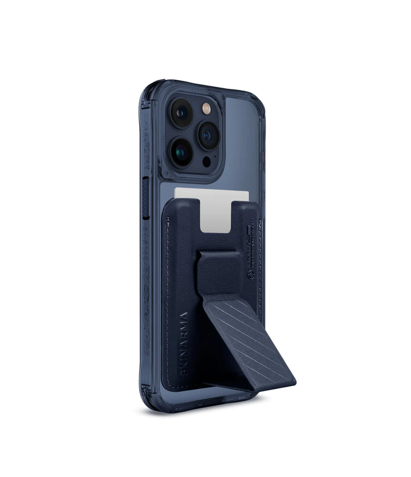 SkinArma Bundle Kado Mag-Charge Card Holder + Saido MagSafe Case for iPhone 15/15 Plus/15 Pro/15 Pro MAX  - Blue - سكين أرما كفر - ماغ سيف + ماسكة ستاند جانبي ورأسي + محفظة بطاقات ماغ سيف - شفاف أسود - شفاف أزرق