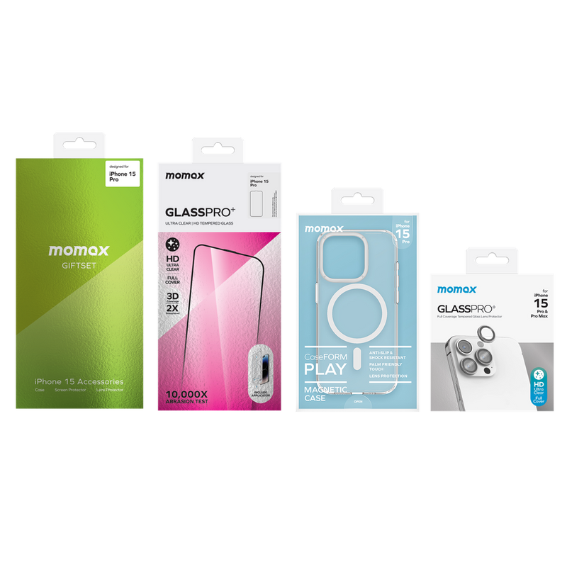 Momax Gift Set 3-in-1 Bundle for iPhone 15 Pro/15 Pro Max - Clear - كفر حماية + حماية شاشة شفافة + حماية لعدسات الكاميرا الخلفية - موماكس
