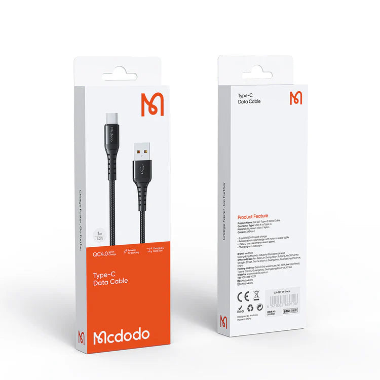 Mcdodo CA-2271 Fast Charging Cable Type-C Charger Data Transfer Black 1m - سلك شحن تايب سي - ماكدودو - طول 1 متر - كفالة 12 شهر