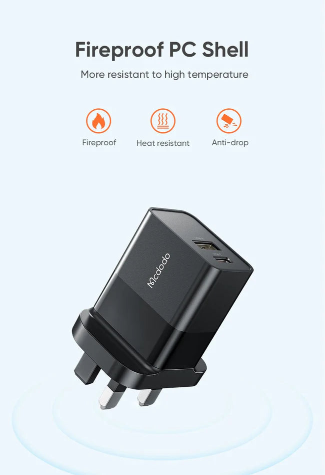 Mcdodo CH-130 | 20W PD Fast Charger | Dual Ports (Type-C & USB) - Black - بلاك شاحن حائط + سلك شحن ايفون - كفالة 12 شهر