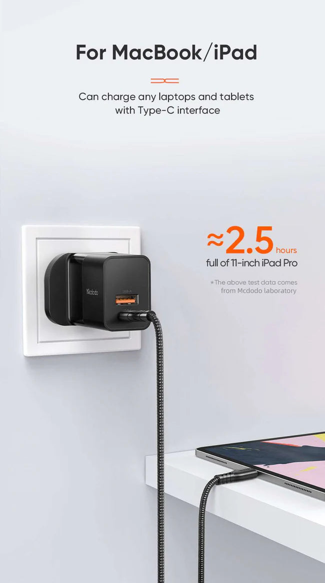 Mcdodo CH-130 | 20W PD Fast Charger | Dual Ports (Type-C & USB) - Black - بلاك شاحن حائط + سلك شحن ايفون - كفالة 12 شهر