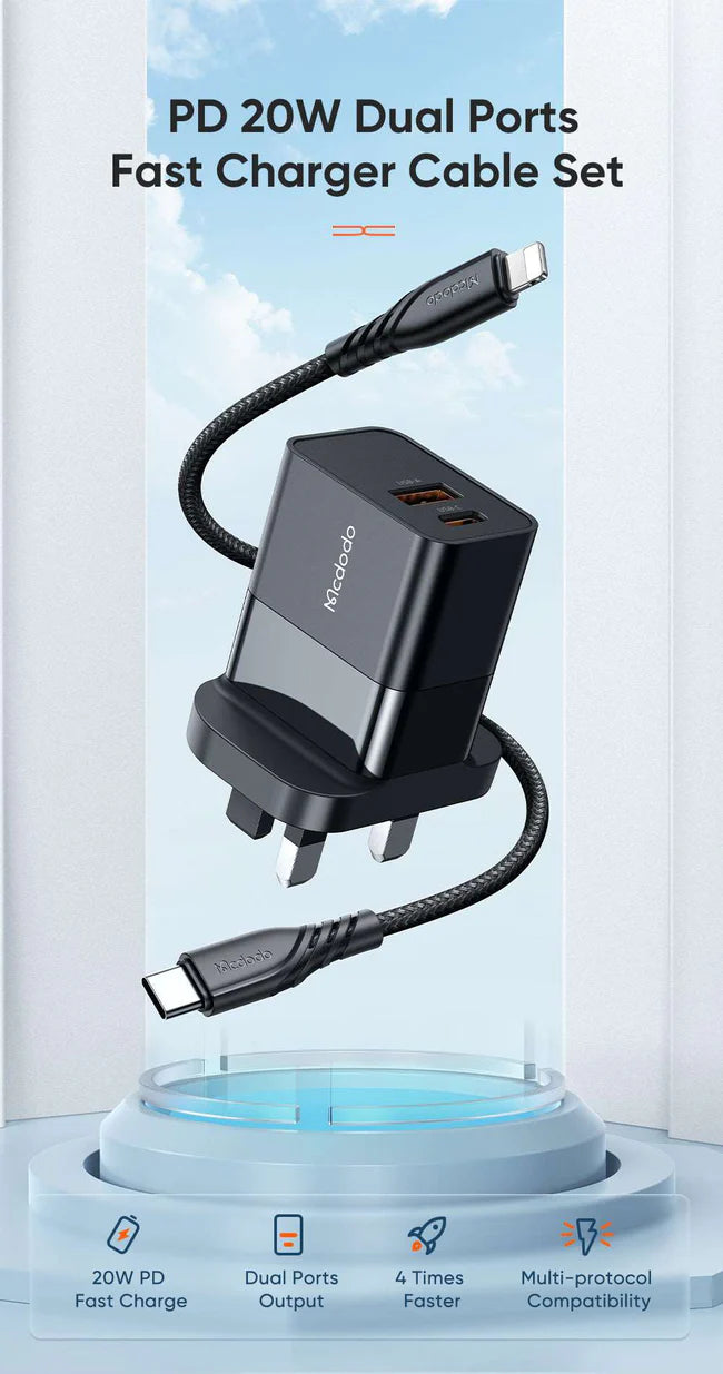 Mcdodo CH-130 | 20W PD Fast Charger | Dual Ports (Type-C & USB) - Black - بلاك شاحن حائط + سلك شحن ايفون - كفالة 12 شهر