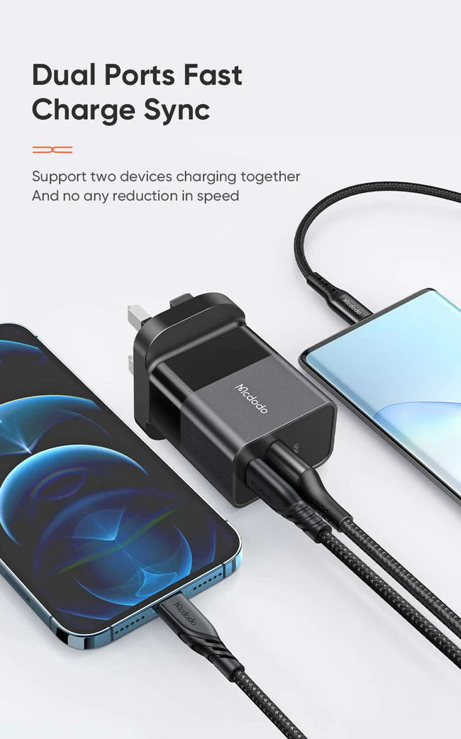 Mcdodo CH-130 | 20W PD Fast Charger | Dual Ports (Type-C & USB) - Black - بلاك شاحن حائط + سلك شحن ايفون - كفالة 12 شهر