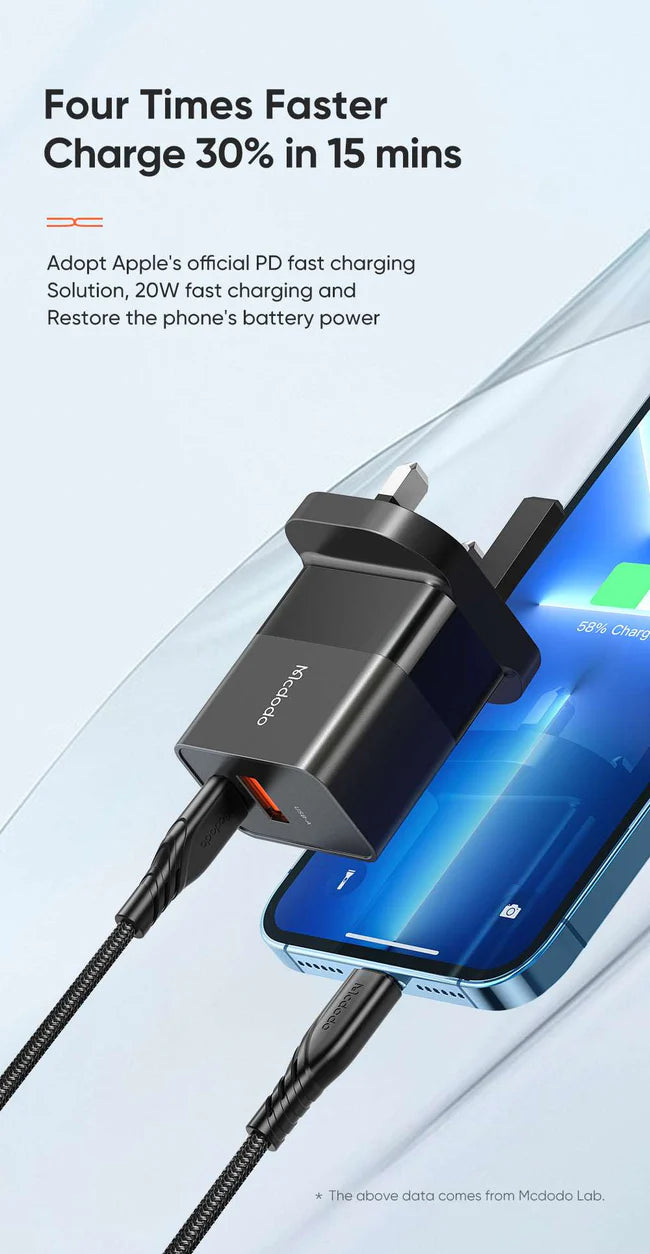 Mcdodo CH-130 | 20W PD Fast Charger | Dual Ports (Type-C & USB) - Black - بلاك شاحن حائط + سلك شحن ايفون - كفالة 12 شهر
