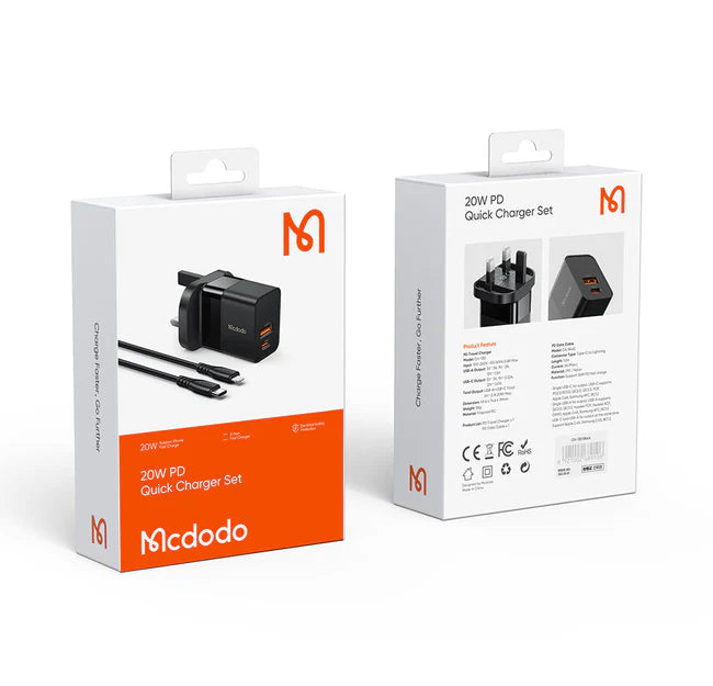 Mcdodo CH-130 | 20W PD Fast Charger | Dual Ports (Type-C & USB) - Black - بلاك شاحن حائط + سلك شحن ايفون - كفالة 12 شهر