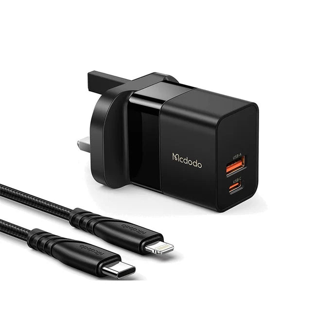 Mcdodo CH-130 | 20W PD Fast Charger | Dual Ports (Type-C & USB) - Black - بلاك شاحن حائط + سلك شحن ايفون - كفالة 12 شهر