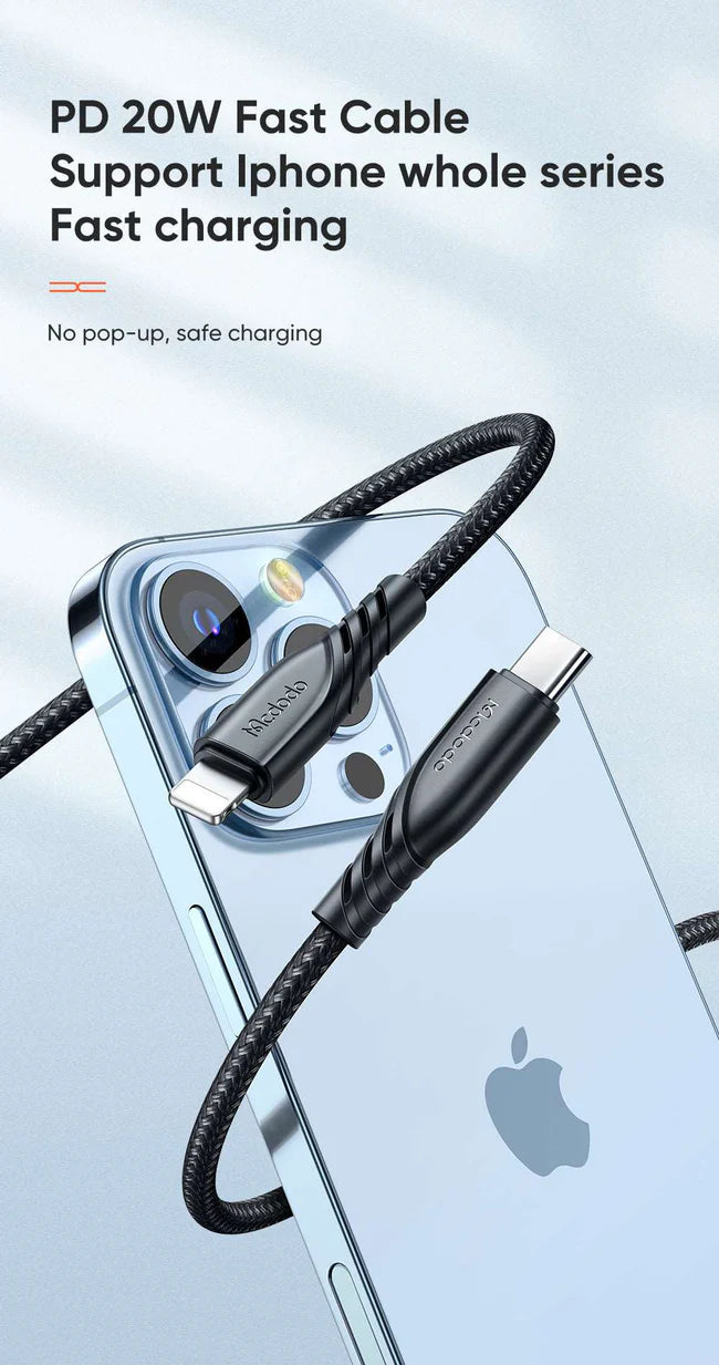 Mcdodo CH-130 | 20W PD Fast Charger | Dual Ports (Type-C & USB) - Black - بلاك شاحن حائط + سلك شحن ايفون - كفالة 12 شهر