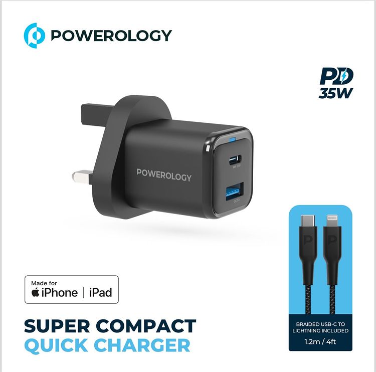 Powerology Super Compact Quick Charger With Braided USB-C To Lightning Cable 1.2m/4ft- بلاك شاحن حائط + سلك شحن ايفون - باورولوجي -قوة 35 واط - كفالة 18 شهر