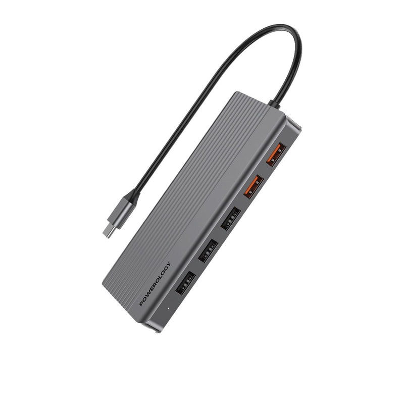 Powerology 12in1 USB-C Hub HDMI Type-C 100W PD Ethernet VGA USB SD MicroSD 3.5AUX - Dark - وصلة تايب سي - 12 في 1 - متعددة الاستعمالات - لاجهزة الايباد برو - والماكو بوك واللاب توبات - كفالة 24 شهر