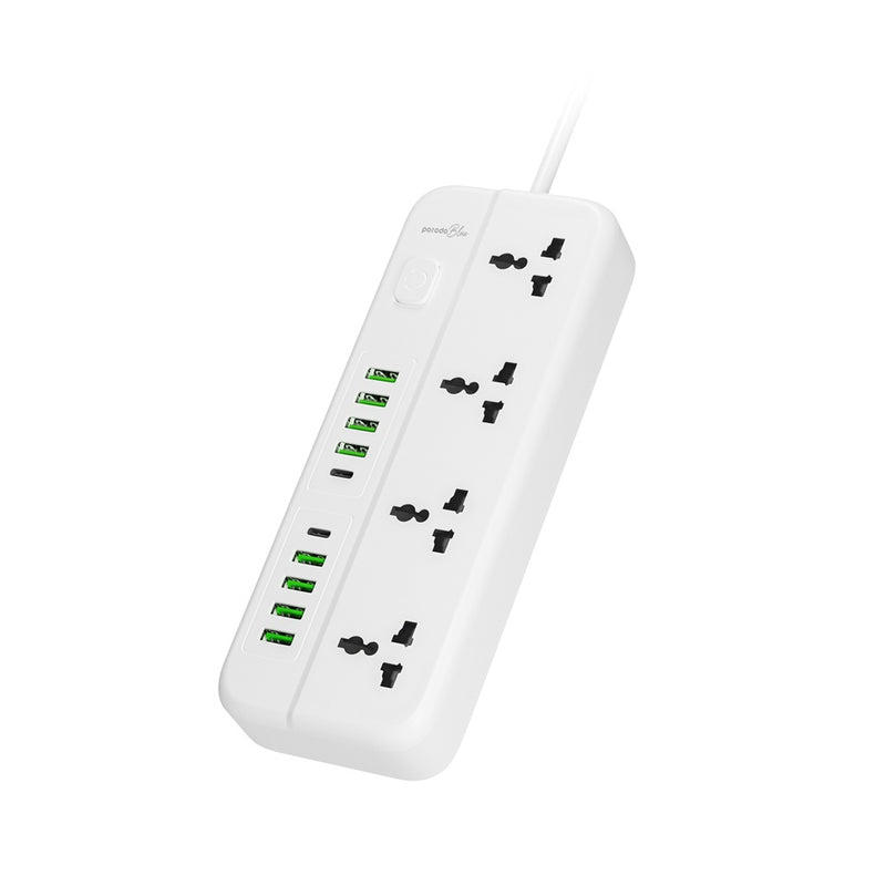 Porodo Blue 4 Universal Sockets Power Strip - White - موزع شاحن حائط - 4 فتحات للكهرباء - 8 فتحات يو اس بي - 2 فتحة تايب سي -  14 في 1 - كفالة 12 شهر