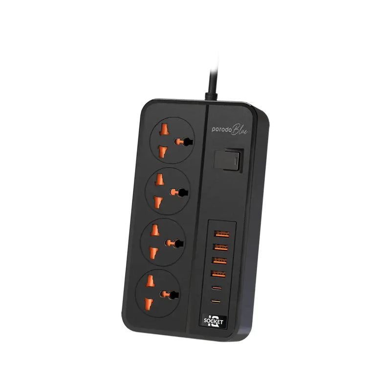 Porodo Blue 4 AC Power Strip - Black - موزع شاحن حائط - 4 فتحات للكهرباء - 2 فتحات يو اس بي - 4 فتحة تايب سي - طول 3 متر - 10 في 1 - كفالة 12 شهر