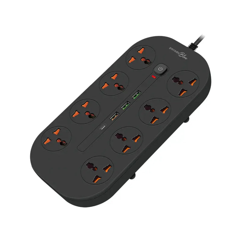 Porodo Blue 8 AC Power Strip - Black  - موزع شاحن حائط - 8 فتحات للكهرباء - 3 فتحات يو اس بي - 1 فتحة تايب سي - طول 3 متر - 12 في 1 - كفالة 12 شهر