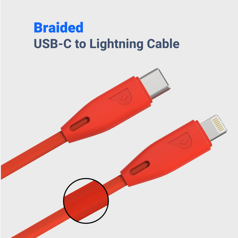 Powerology Braided USB-C to Lightning Cable (2m/6ft) -Red [O] - سلك شحن ايفون تايب سي - بوراولجي - طول 180سم - كفالة 18 شهر